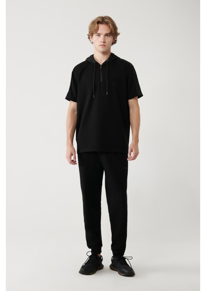 Erkek Siyah Kapüşonlu Jersey Garnili T-shirt A41y1233