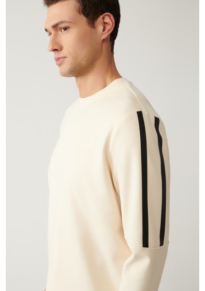 Erkek Bej Bisiklet Yaka Interlok Baskılı Sweatshirt A41y1203