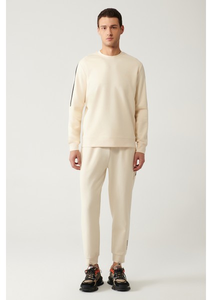 Erkek Bej Bisiklet Yaka Interlok Baskılı Sweatshirt A41y1203