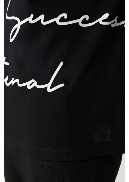 Erkek Siyah %100 Pamuk Bisiklet Yaka Baskılı T-shirt A41y1038
