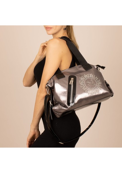 1058 Kadın Taşlı Omuz Çantası Gri