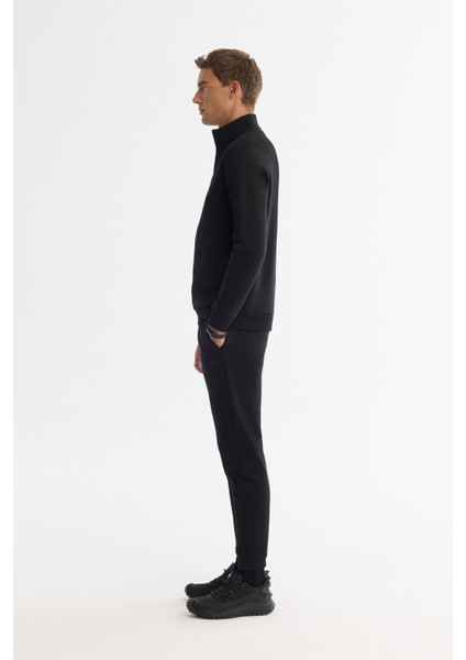Erkek Siyah Dik Yaka Fermuarlı 3 Iplik Şardonlu Sweatshirt E001020