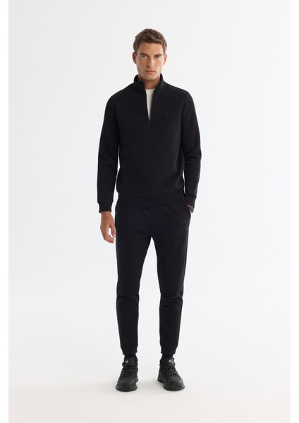 Erkek Siyah Dik Yaka Fermuarlı 3 Iplik Şardonlu Sweatshirt E001020