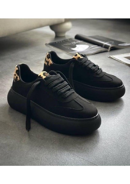 Kadın Sneaker Siyah Süet Yüksek Taban Bağcıklı Spor Ayakkabı Leopar Desenli Azin fiyatları