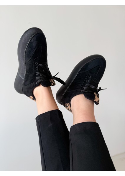 Kadın Sneaker Siyah Süet Yüksek Taban Bağcıklı Spor Ayakkabı Leopar Desenli Azin modelleri