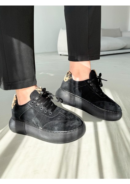 Kadın Sneaker Siyah Süet Yüksek Taban Bağcıklı Spor Ayakkabı Leopar Desenli Azin fırsatları