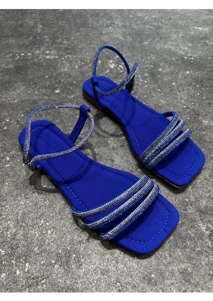 Kadın Düz Taban Taşlı Ortopedik Günlük Sandalet Risay Sax Mavi