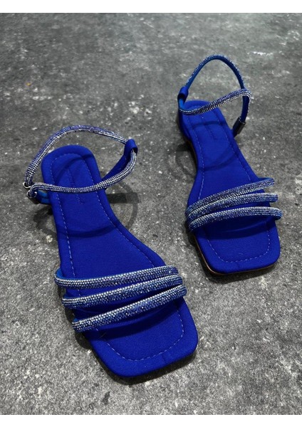 Kadın Düz Taban Taşlı Ortopedik Günlük Sandalet Risay Sax Mavi fiyatları