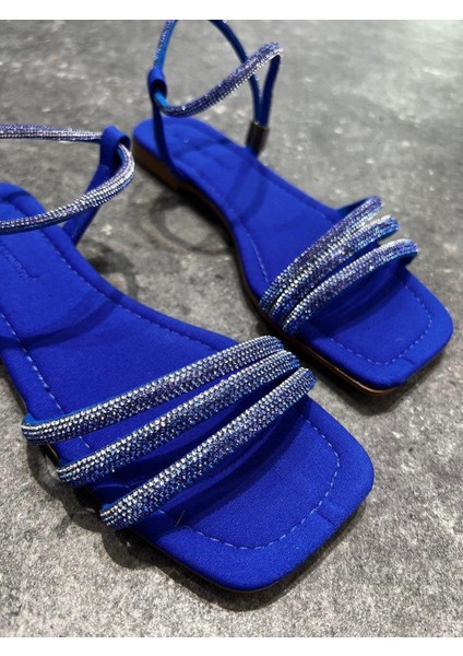 Kadın Düz Taban Taşlı Ortopedik Günlük Sandalet Risay Sax Mavi modelleri