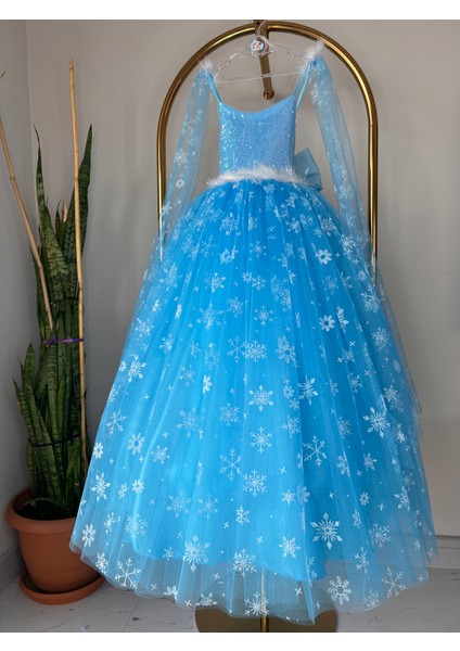 Kız Çocuk Mavi Elsa Frozen Kostüm, Karlar Kraliçesi Doğum Günü Konsepti, Asa Set Hediyeli