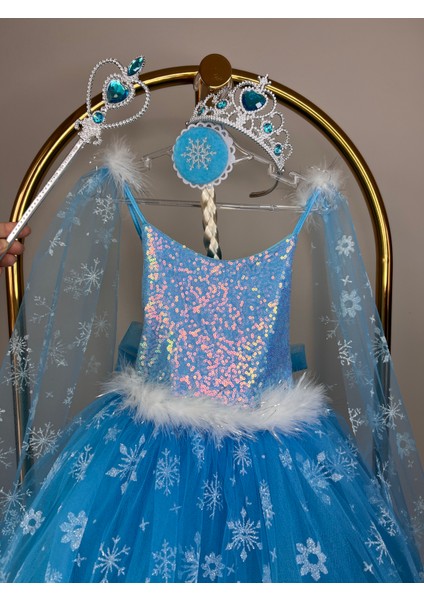 Kız Çocuk Mavi Elsa Frozen Kostüm, Karlar Kraliçesi Doğum Günü Konsepti, Asa Set Hediyeli modelleri