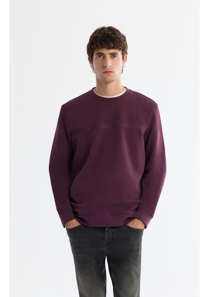 Erkek Bordo Bisiklet Yaka Pamuklu Baskılı Elastan Sweatshirt A42Y1267