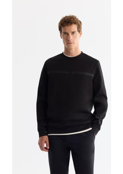 Erkek Siyah Bisiklet Yaka Pamuklu Baskılı Elastan Sweatshirt A42y1267