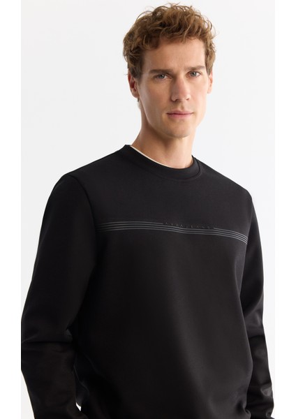 Erkek Siyah Bisiklet Yaka Pamuklu Baskılı Elastan Sweatshirt A42y1267