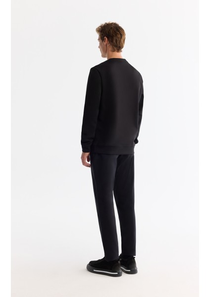 Erkek Siyah Bisiklet Yaka Pamuklu Baskılı Elastan Sweatshirt A42y1267