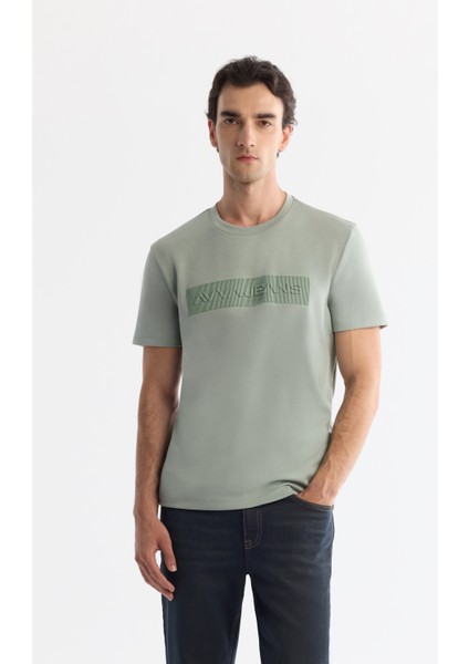 Erkek Mint Yeşil Bisiklet Yaka Baskılı Elastan Regular Fit T-Shirt A42Y1011