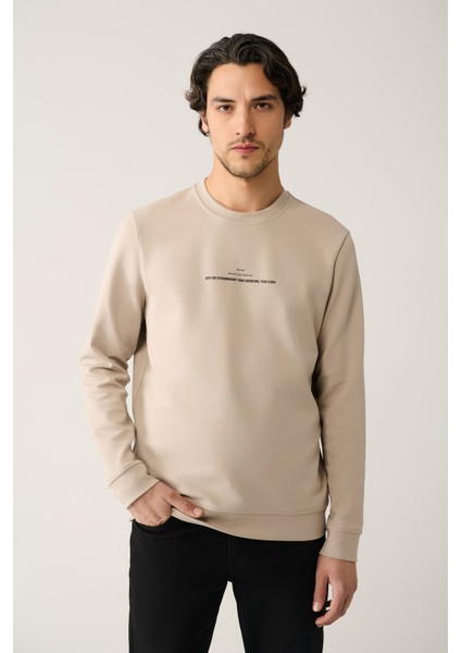 Erkek Taş Bisiklet Yaka Interlok Baskılı Sweatshirt A41y1246