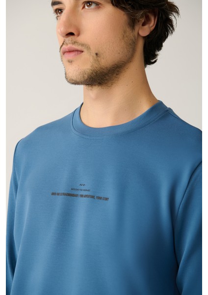 Erkek Indigo Bisiklet Yaka Interlok Baskılı Sweatshirt A41y1246