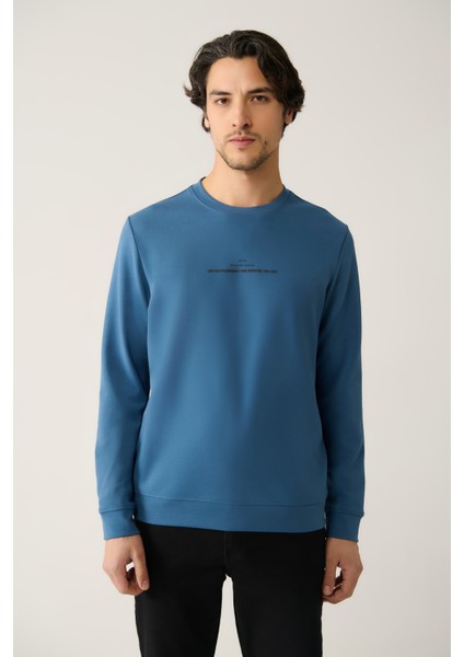 Erkek Indigo Bisiklet Yaka Interlok Baskılı Sweatshirt A41y1246