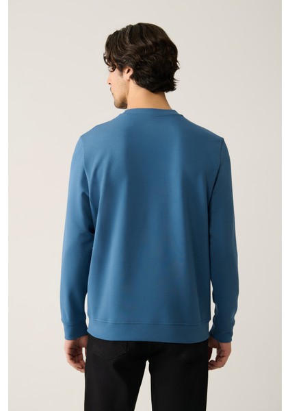 Erkek Indigo Bisiklet Yaka Interlok Baskılı Sweatshirt A41y1246