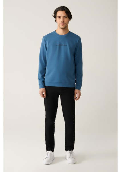 Erkek Indigo Bisiklet Yaka Interlok Baskılı Sweatshirt A41y1246