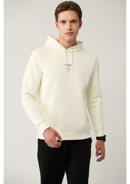 Erkek Ekru Kapüşonlu 3 Iplik Şardonlu Baskılı Sweatshirt A41y1247
