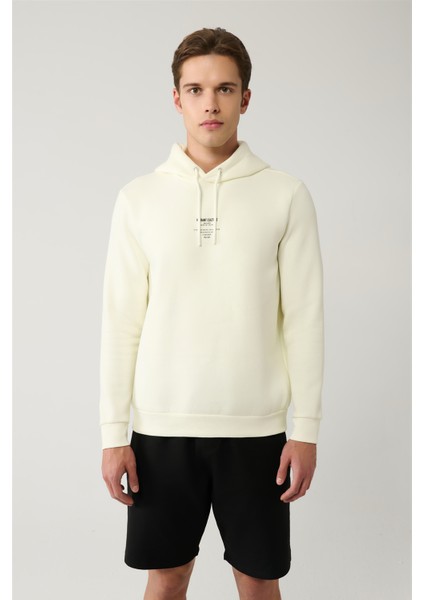 Erkek Ekru Kapüşonlu 3 Iplik Şardonlu Baskılı Sweatshirt A41y1247