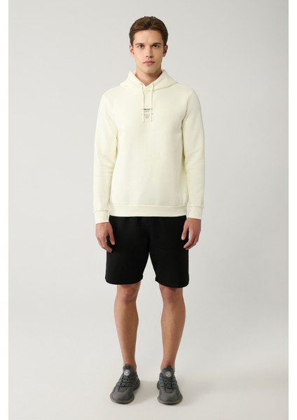 Erkek Ekru Kapüşonlu 3 Iplik Şardonlu Baskılı Sweatshirt A41y1247