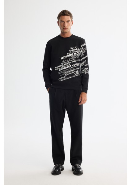 Erkek Siyah Bisiklet Yaka Pamuklu Baskılı Sweatshirt A42y1285