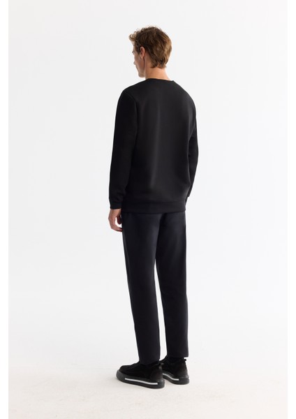 Erkek Siyah Bisiklet Yaka Pamuklu Baskılı Elastan Sweatshirt A42y1268