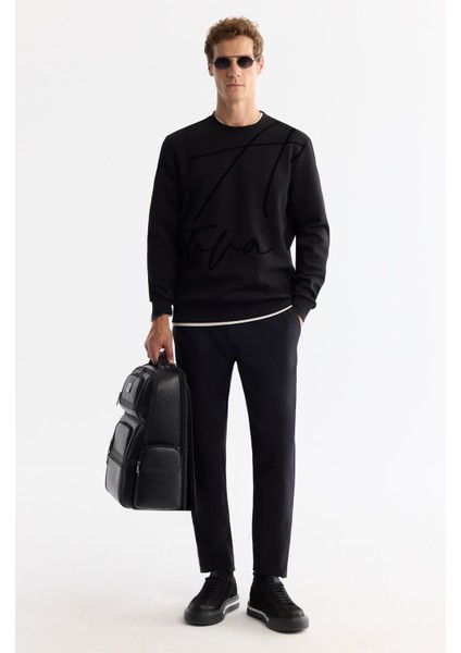 Erkek Siyah Bisiklet Yaka Pamuklu Baskılı Elastan Sweatshirt A42y1268