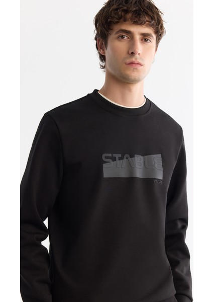 Erkek Siyah Bisiklet Yaka Pamuklu Baskılı Elastan Sweatshirt A42Y1229