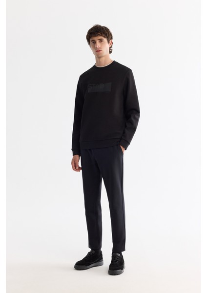 Erkek Siyah Bisiklet Yaka Pamuklu Baskılı Elastan Sweatshirt A42Y1229