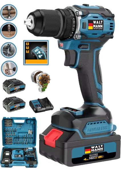 n Alman WXR-2800 Darbeli Kömürsüz Motor Samsung Pilli 2 Akülü Vidalama Matkap + 84 Parça Aksesuar Set