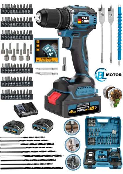 n Alman WXR-2800 Darbeli Kömürsüz Motor Samsung Pilli 2 Akülü Vidalama Matkap + 84 Parça Aksesuar Set