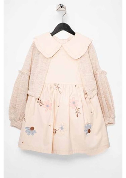 Minigimin Cicileri Çiçek Işlemeli Balon Kol Hırkalı Kız Çocuk elbise takım - Krem
