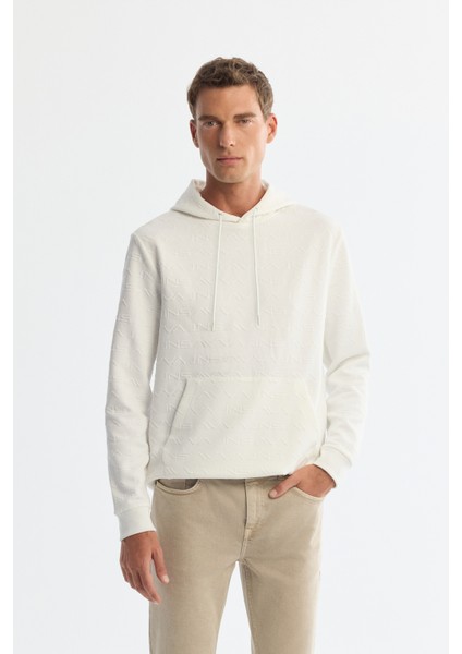 Erkek Ekru Kapüşonlu Baskılı Elastan Sweatshirt A42y1332