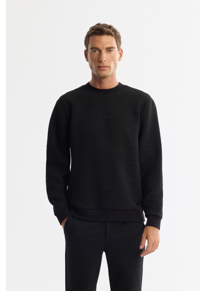 Erkek Siyah Bisiklet Yaka Baskılı Elastan Sweatshirt A42y1275