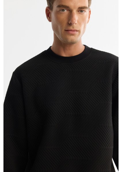 Erkek Siyah Bisiklet Yaka Baskılı Elastan Sweatshirt A42y1275