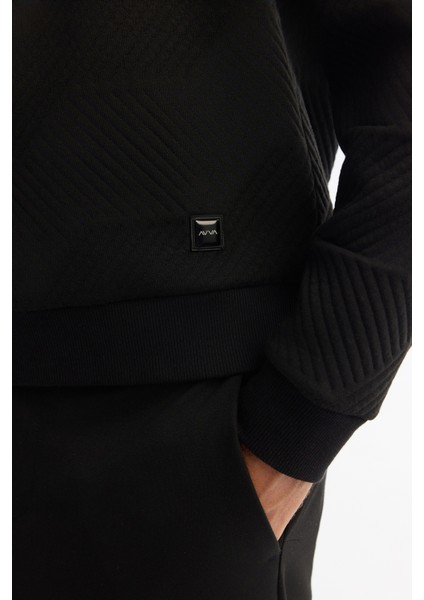 Erkek Siyah Bisiklet Yaka Baskılı Elastan Sweatshirt A42y1275