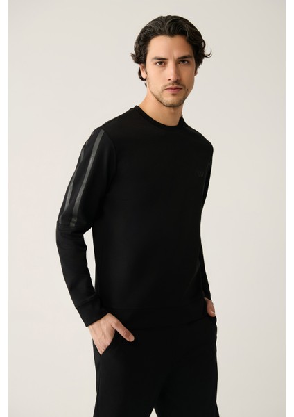 Erkek Siyah Bisiklet Yaka Interlok Baskılı Sweatshirt A41y1203