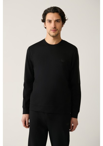 Erkek Siyah Bisiklet Yaka Interlok Baskılı Sweatshirt A41y1203