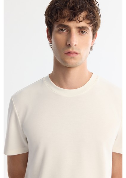 Erkek Ekru Bisiklet Yaka Baskılı Elastan T-Shirt A42Y1017