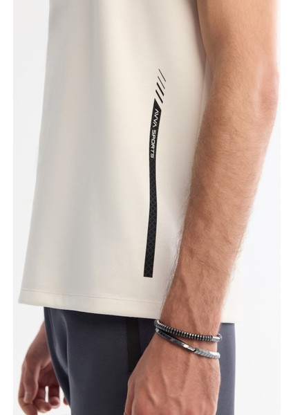 Erkek Ekru Bisiklet Yaka Baskılı Elastan T-Shirt A42Y1017