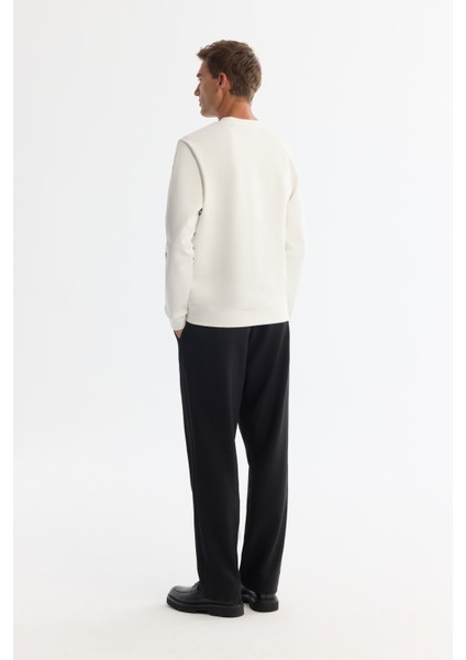 Erkek Ekru Bisiklet Yaka Pamuklu Baskılı Sweatshirt A42y1285