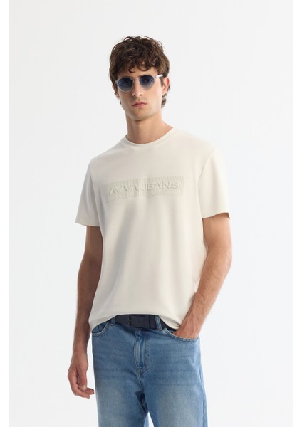 Erkek Ekru Bisiklet Yaka Baskılı Elastan T-shirt A42y1011