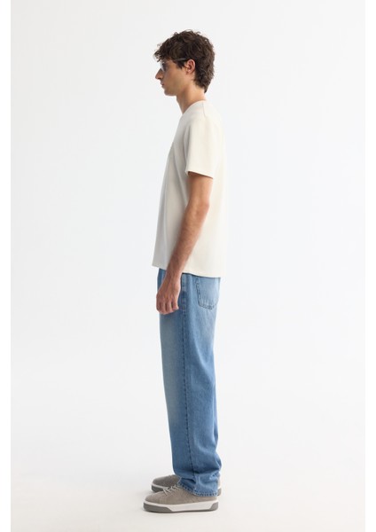 Erkek Ekru Bisiklet Yaka Baskılı Elastan T-shirt A42y1011