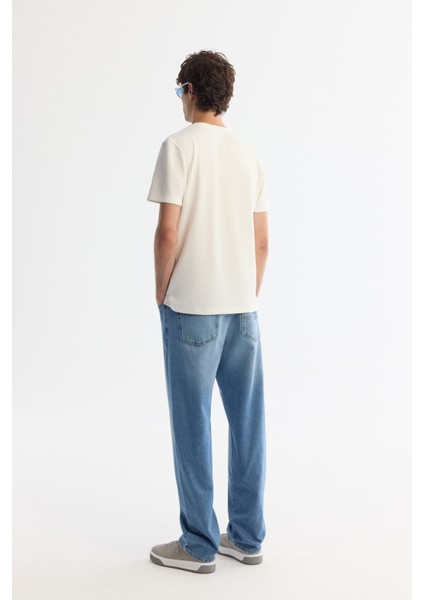Erkek Ekru Bisiklet Yaka Baskılı Elastan T-shirt A42y1011