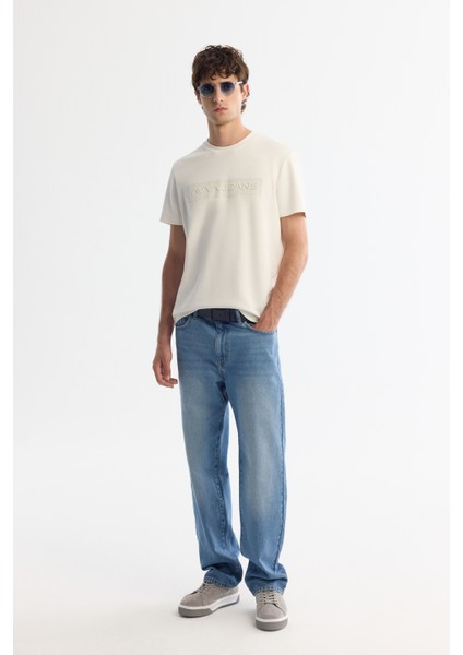 Erkek Ekru Bisiklet Yaka Baskılı Elastan T-shirt A42y1011