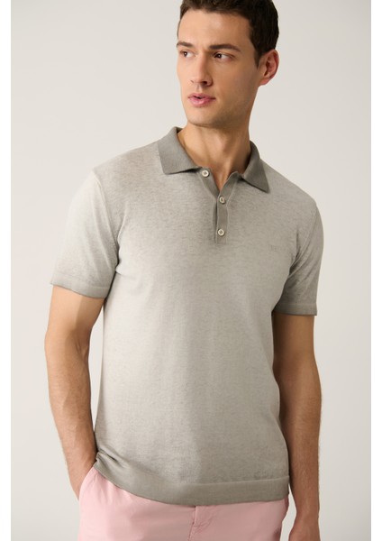 Erkek Gri 3 Düğmeli Boya Efektli Polo Yaka Triko T-Shirt A41Y5114